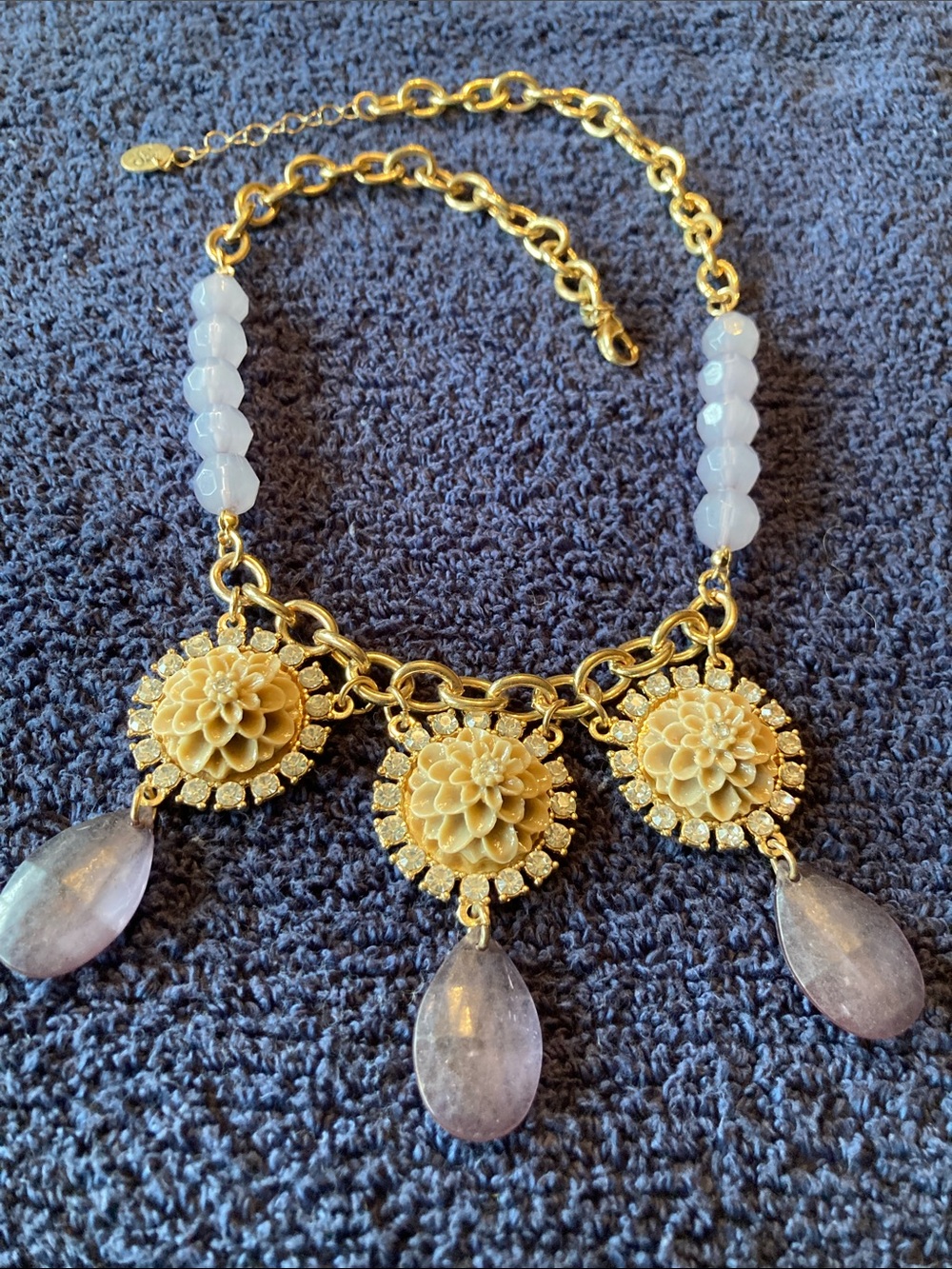 Gold and Ivory Floral Lavender Beaded Statement Necklace - Women Jewelry
